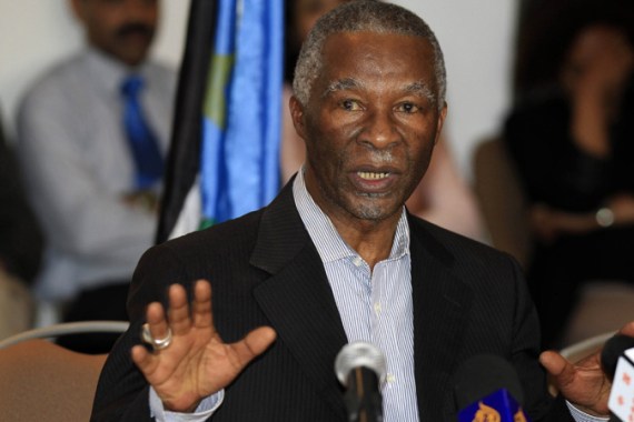 Former South African President Mbeki speaks during a meeting between Sudanese Defence Minister Hussein and his South Sudan counterpart Nyuon in Ethiopia''s capital Addis Ababa