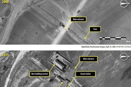 Combo picture shows satellite images depicting what Amnesty International says is the construction of an entrance gate of North Korea''s Ch''oma-Bong valley