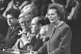 Margaret Thatcher gives the final address of the Conservative Convention in Brighton in this October 14, 1988 file photo.