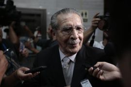 Former Guatemalan dictator Rios Montt speaks with media at end of session of his genocide trial, at Supreme Court of Justice in Guatemala City