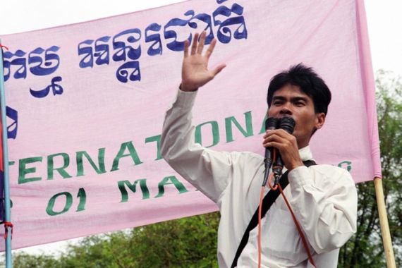 A file photograph dated 01 May 2001 of Chea Vichea giving a speech