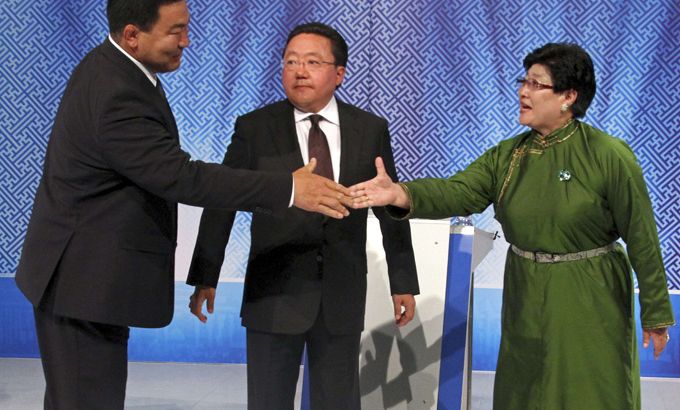 Mongolian presidential candidates Elbegdorj, Bat-Erdene, Udval before televised debate, in Ulan Bator