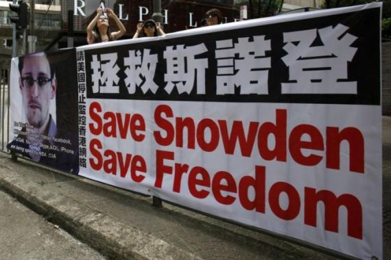A poster supporting Snowden is displayed in Hong Kong