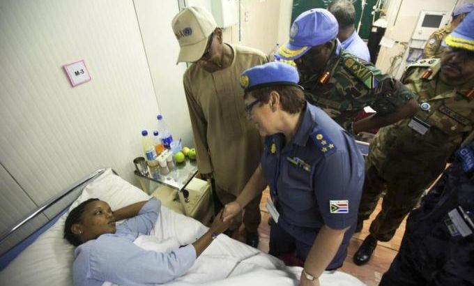 An UNAMID policewoman recovers in a hospital after being ambushed by gunmen on Saturday, in Nyala, South Darfur
