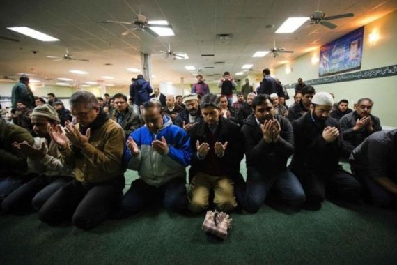 Worshippers take part in the Friday prayers inside the mosque at the Mississauga Muslim Community Centre in Mississauga