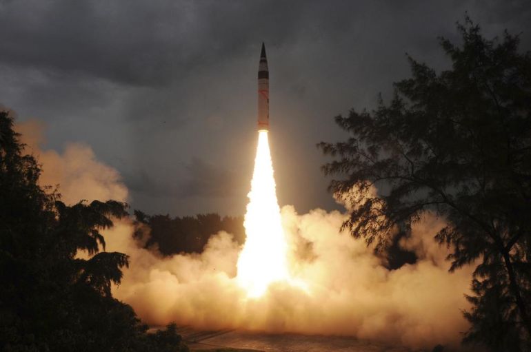 A surface-to-surface Agni-V missile is launched from the Wheeler Island off Odisha