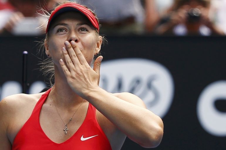Sharapova of Russia celebrates defeating Peng of China to win their women''s singles match at the Australian Open 2015 tennis tournament in Melbourne
