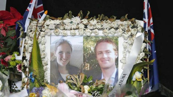 Photographs of Sydney''s cafe siege victims, lawyer Katrina Dawson and cafe manager Tori Johnson are displayed in a floral tribute near the site of the siege in Sydney''s Martin Place