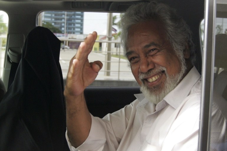 East Timor''s PM Gusmao waves from his car as he leaves a meeting with President Ruak at the President''s office in Dili