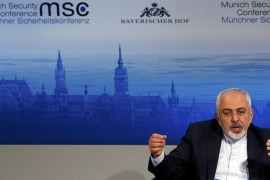 Iran''s foreign minister Zarif gestures during an open debate at the 51st Munich Security Conference in Munich