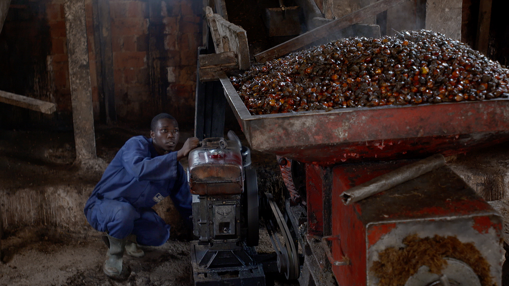 Artisanal mill worker on Jean-Paul Ndenga's 'smallhold' farm  [Hugh Hartford / Al Jazeera]