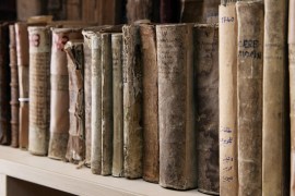 Books rescued from Mosul at the Dominican Priory in Qaraqosh, Iraq, are displayed [AP]