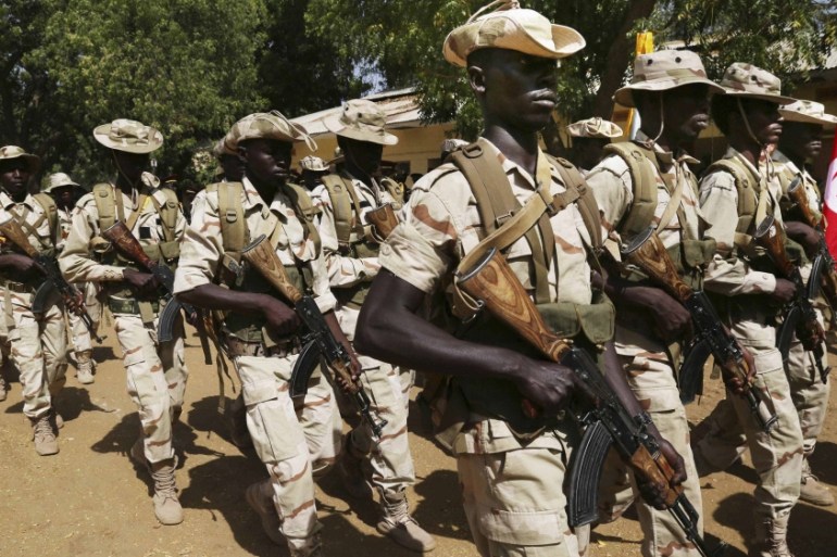 Chadian soldiers participate in the opening ceremony of Flintlock 2015, an exercise organized by the US military in Ndjamena