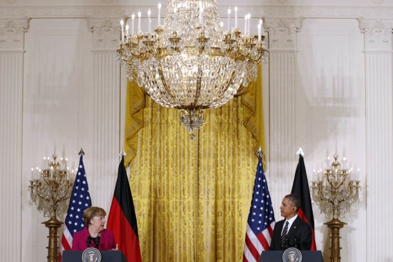 U.S. President Barack Obama and German Chancellor Angela Merkel hold a joint news conference following their meeting at the White House in Washington