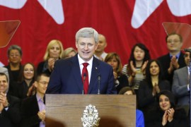Canadian PM Harper speaks at a news conference in Richmond Hill