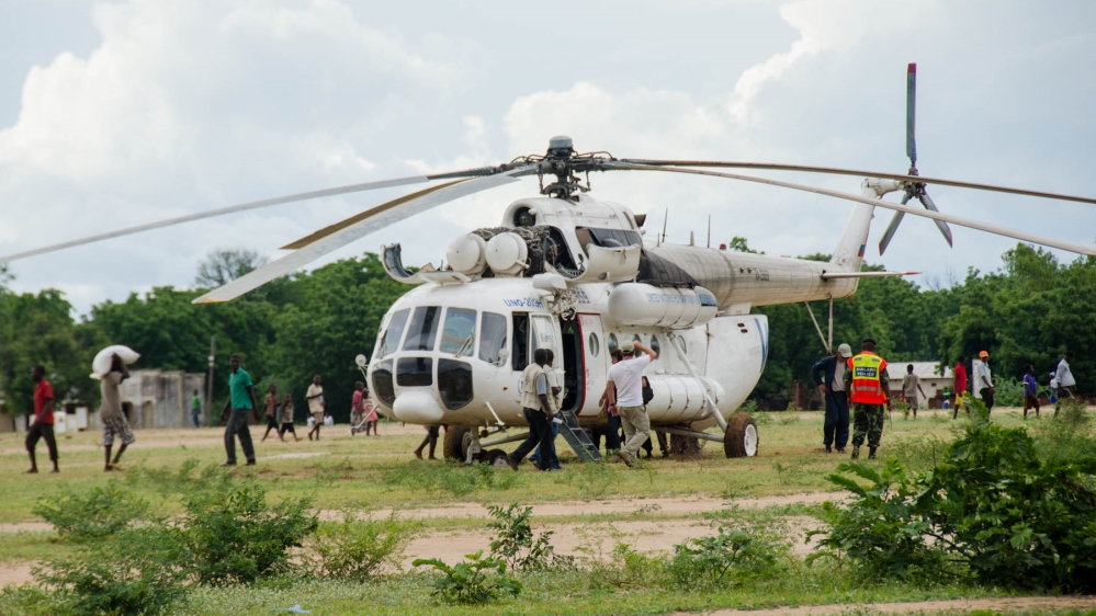 This WFP helicopter has been used to ferry food to 20,000 people stranded by the worst flooding in living memory [Richard Nield/Al Jazeera]