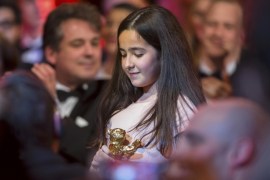 Saeidi niece of Iranian film director Panahi accepts the Golden Bear for Best Film on her uncle''s behalf during awards ceremony at 65th Berlinale International Film Festival in Berlin