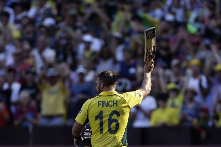 Australia''s Finch reacts as he walks off the ground after being dismissed for 135 runs during the Cricket World Cup match against England at the Melbourne Cricket Ground