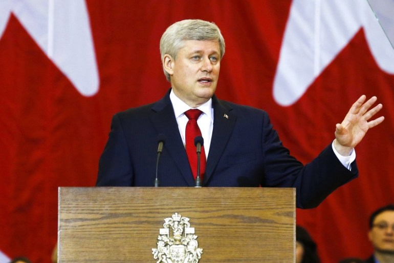 Canadian PM Harper speaks at a news conference in Richmond Hill
