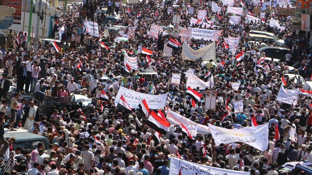 Tens of thousands of people rallied in Taiz, Yemen's third largest city, denouncing the Houthi coup [AFP]