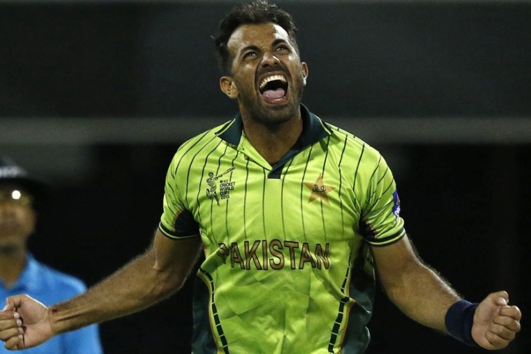 Pakistan''s Wahab Riaz celebrates dismissing Zimbabwe''s Craig Ervine for 14 runs during their Cricket World Cup match at the Gabba in Brisbane