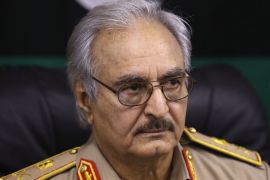 Then-General Khalifa Haftar speaks during a news conference in Abyar, east of Benghazi