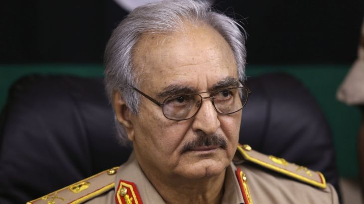 Then-General Khalifa Haftar speaks during a news conference in Abyar, east of Benghazi