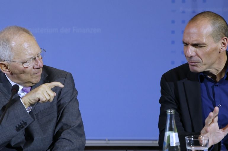 Greek Finance Minister Varoufakis and German Finance Minister Schaeuble address news conference at the finance ministry in Berlin
