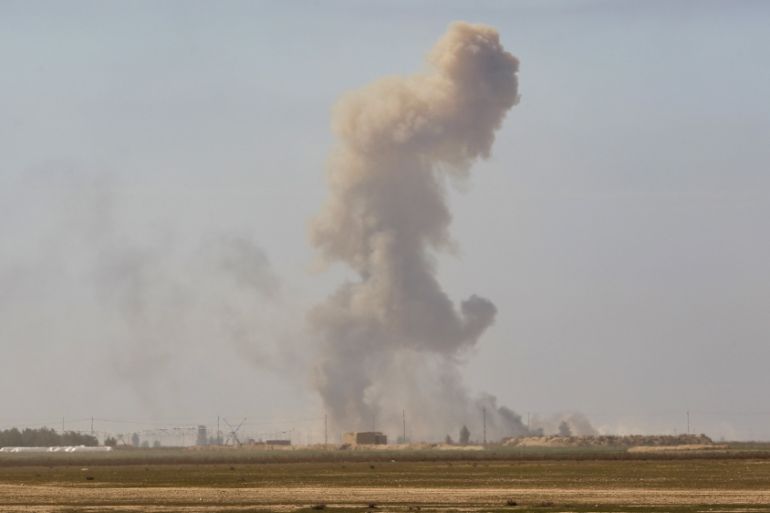 Smoke rise during clashes with Islamic State militants at the town of Tal Ksaiba near the town of al-Alam