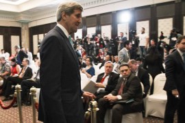 U.S. Secretary of State Kerry leaves after his news conference in Sharm el-Sheikh