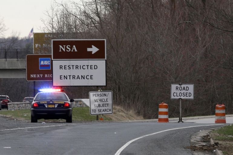 Maryland police on a road leading to NSA headquarters