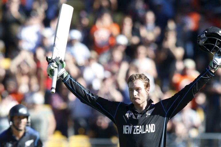 New Zealand''s Martin Guptill celebrates scoring a century against the West Indies during their Cricket World Cup match