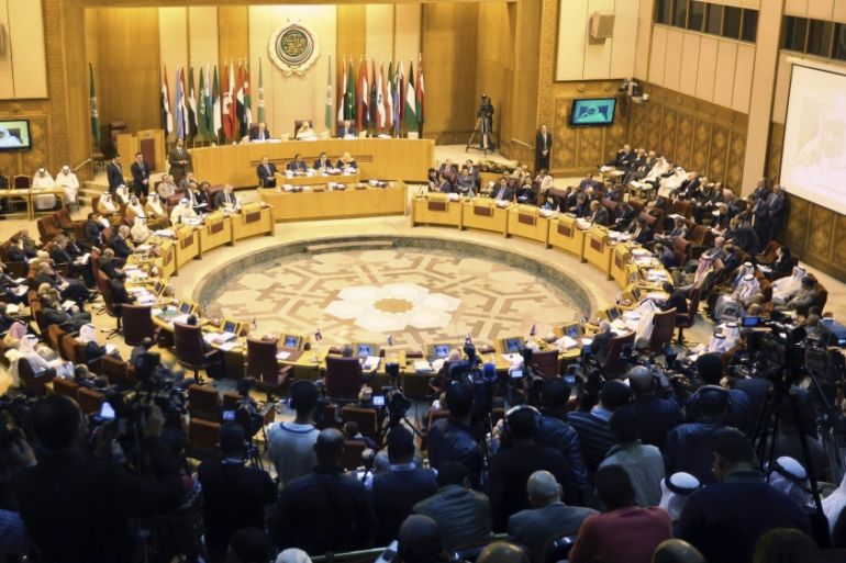 Foreign ministers of the Arab League take part in an emergency meeting at the League''s headquarters in Cairo