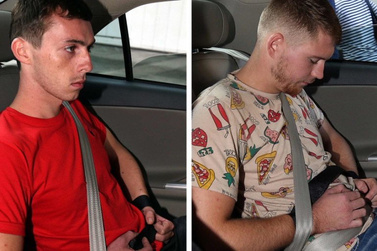 Combination photo of Von Knorre and Hinz, Germans charged for vandalism, arrive at State Court in Singapore