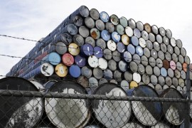 Oil barrels are stacked at a storage facility in Seattle, Washington