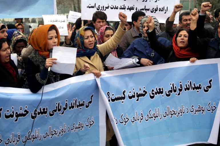 Afghanistan civil society activists participate in a demonstration to protest the increasing violence against women in their country [AP]