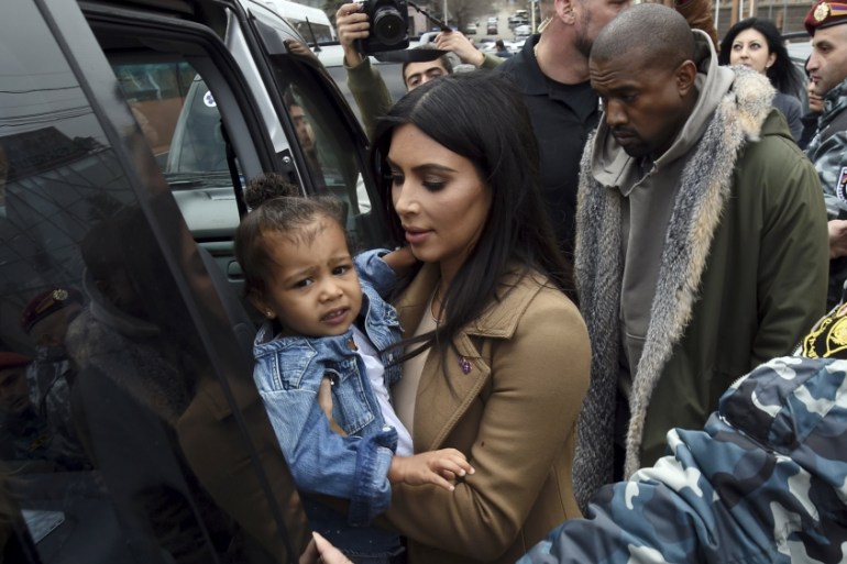 Kardashian with Kanye West and their daughter North during their visit to Yot Verk Church in Gyumri