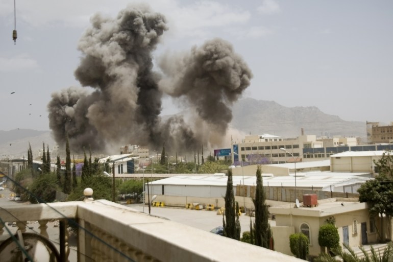 Smoke billows from a Saudi-led airstrike on Sanaa, Yemen [AP]