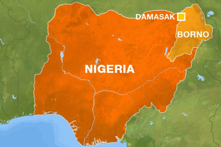 Nigeria - map showing Borno state and town of Damasak