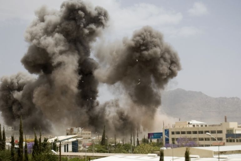 Smoke billows from a Saudi-led airstrike in Sanaa, Yemen [AP]