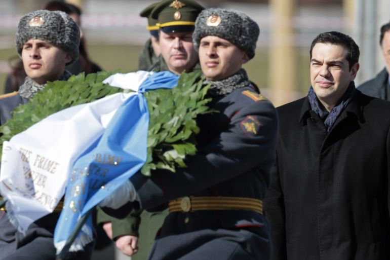 Greek PM Alexis Tsipras attends a wreath-laying ceremony at the Tomb of the Unknown soldier in Moscow, Russia [EPA]