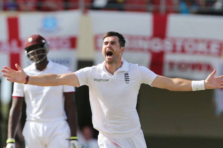 Cricket: England''s James Anderson celebrates taking the wicket of West Indies'' Denesh Ramdin which breaks the record for the most test wickets as an England player previously held by Sir Ian Botham