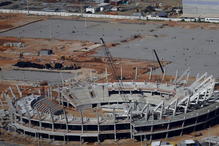 An aerial view of the construction site of the Rio 2016 Olympic Tennis venue at the Rio 2016 Olympic Park in Rio de Janeiro