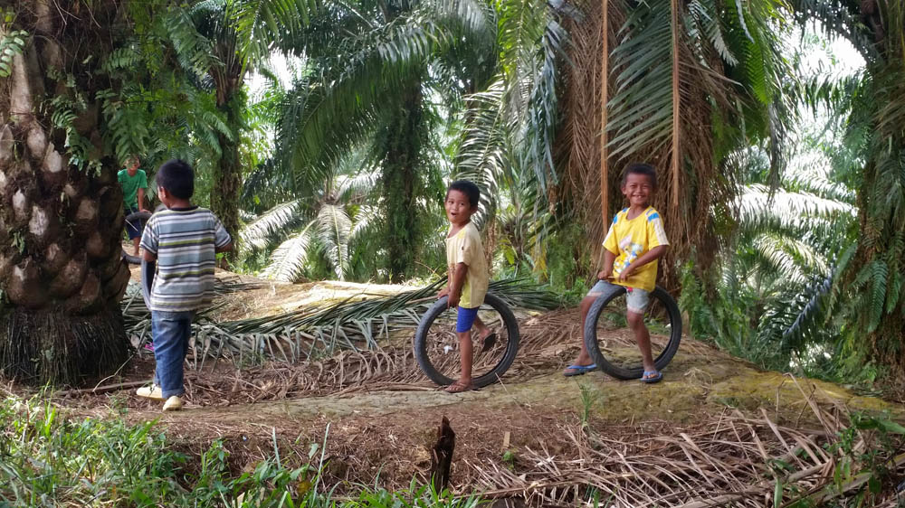 Not allowed to step out of this palm oil estate for fear of arrest, undocumented children rely on discarded tyres and their imagination for a bit of fun [Chan Tau Chou/Al Jazeera]