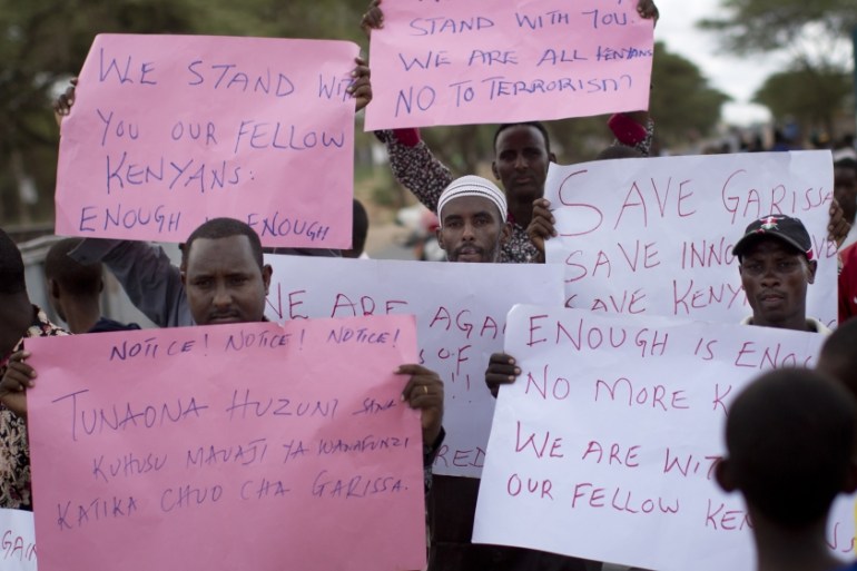 Kenyan Muslims demonstrate against the attack and in solidarity with those Christians targeted in the attack in Garissa, Kenya [AP]