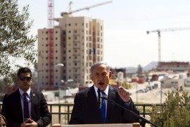 File photo of Israel''s Prime Minister Benjamin Netanyahu delivering a statement in front of new construction in the Jewish settlement known to Israelis as Har Homa