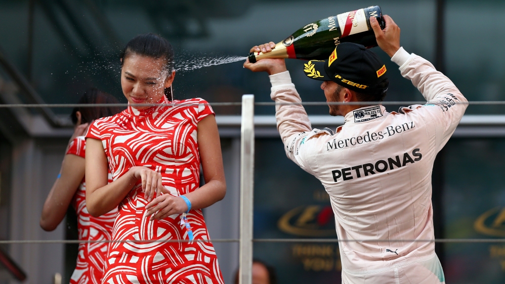 Hamilton spraying a stewardess following his win in Shanghai this season attracted heavy criticism [Getty Images]