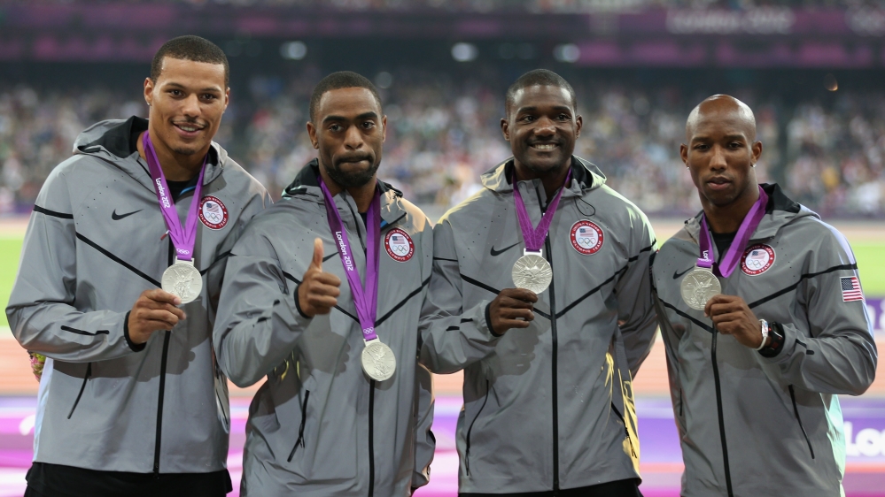 The US 4x100m team, including Gatlin (3rd L), was stripped of the silver medal it won at London 2012 following Gay's (2nd L) suspension [Getty Images]