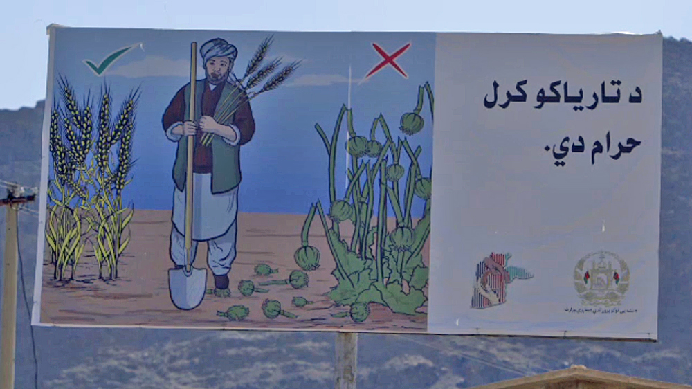 A billboard warns farmers not to grow poppy [Steve Chao/Al Jazeera]