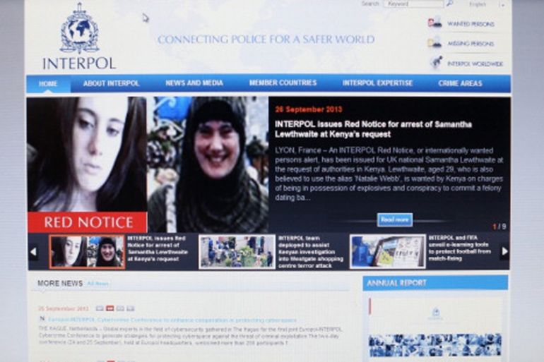 The Interpol website which features a ''Red Notice'' for the arrest of Samantha Lewthwaite in London, England [Getty]